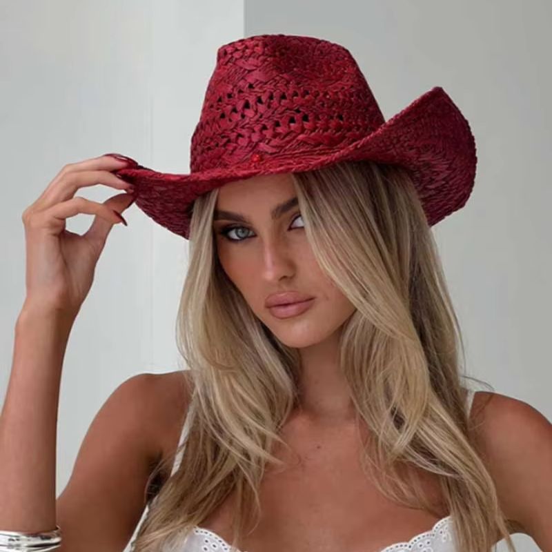 Cowboy Hat Straw - Kowbojski kapelusz czerwony ręcznie malowany letni