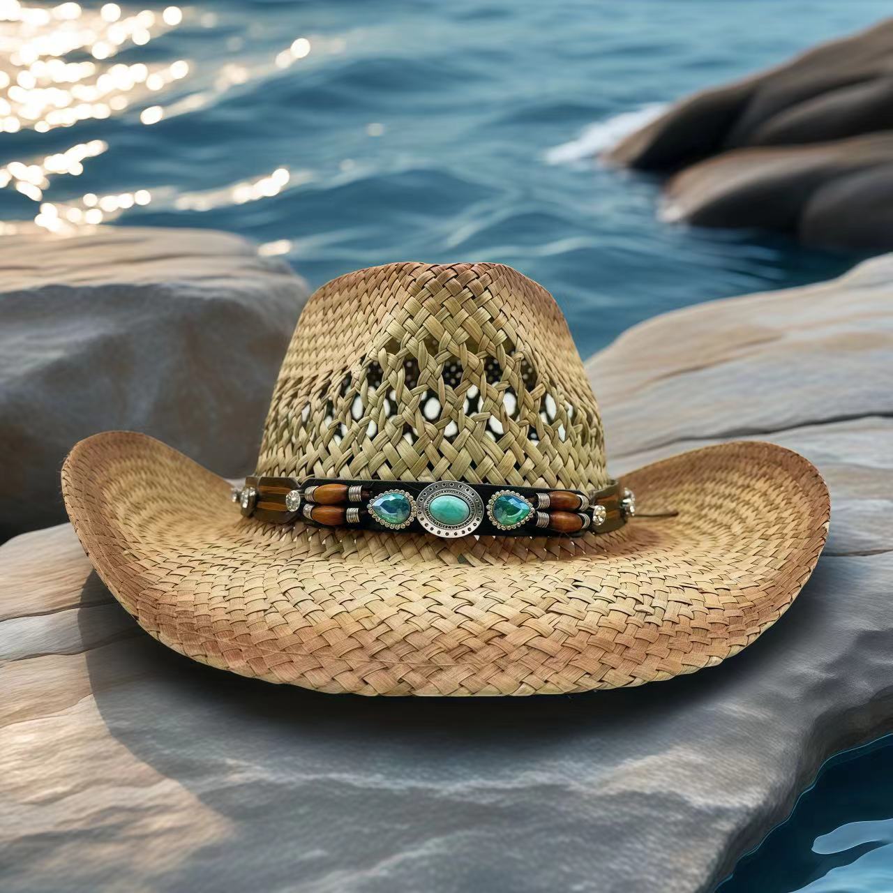 Cowboy Hat Straw - Kapelusz kowbojski z dżetami, słomkowy kapelusz